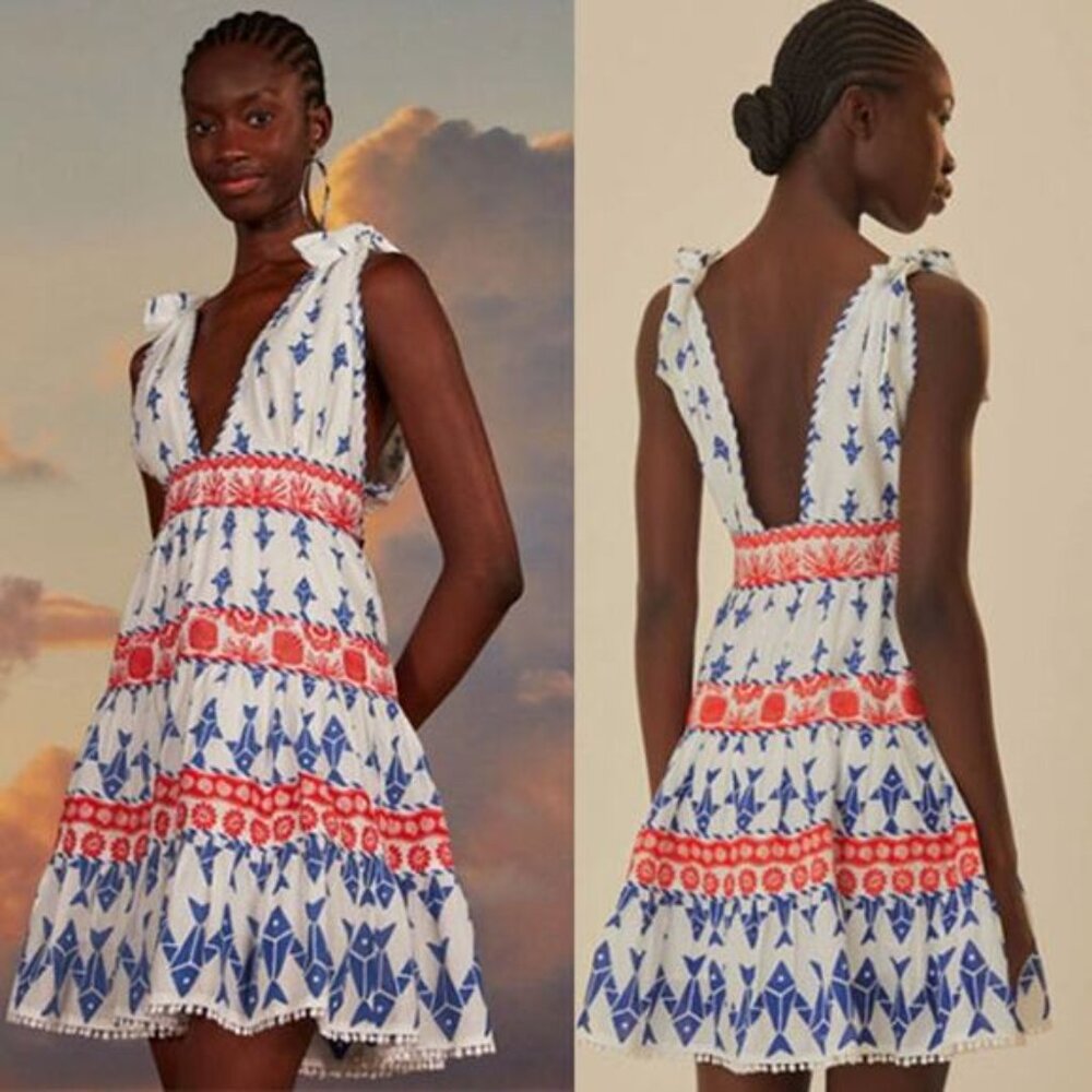 NWT Farm Rio V-neck Shoulder Tie Graphic Fishes Off White Tiered Dress Sz: Small